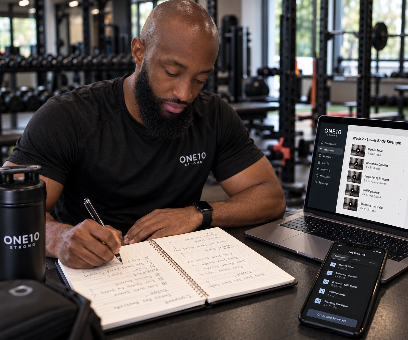 ONE10 Strong coach building a personalized workout program and tracking progress